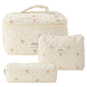 Trousse de toilette 3 pcs de Voyage Pour Femmes Volume élevé Petits motifs fleuris Matière coton À zip Trousse de Maquillage blanc